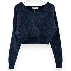 NWT Seek The Label Navy Blue Relaxed Fit Cozy Cropped V-Neck Knit Sweater sz M